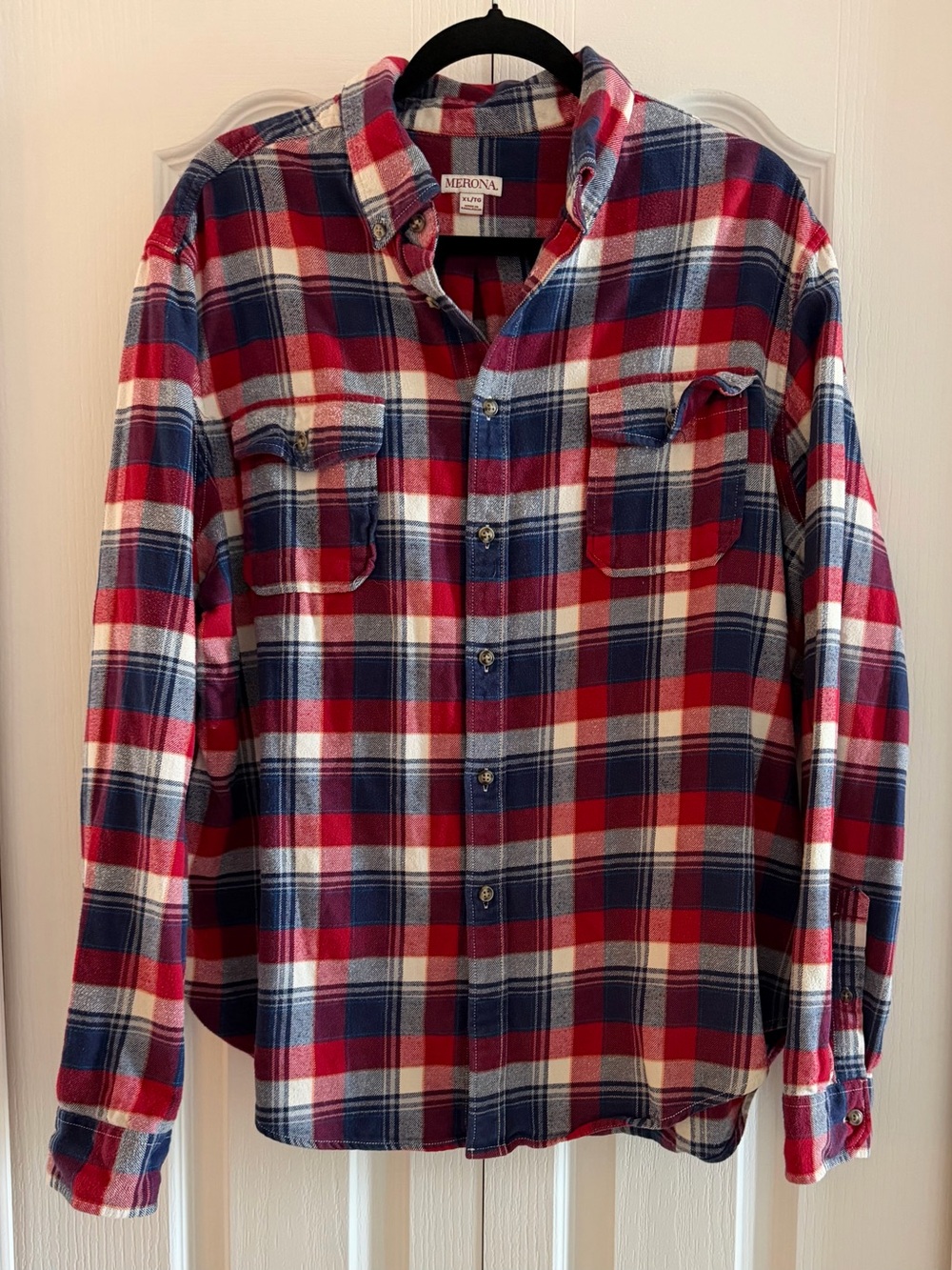 Merona Red, Blue & White Plaid Button-Down Flannel Shirt